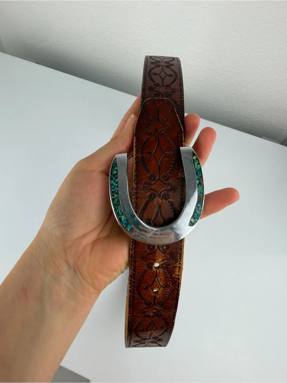 Turquoise and Silver Leather Belt Brown 36